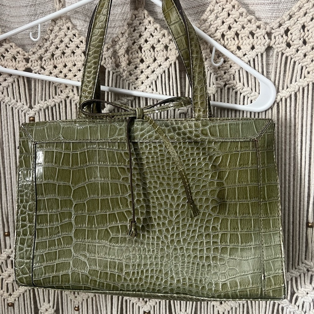 Vintage Liz Claiborne Green Crocodile-Embossed Tote Bag